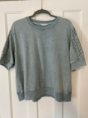 Short-Sleeve Top, Eyelet Sleeve Detail - Sage Green/dusty blue. Jane+Delancey